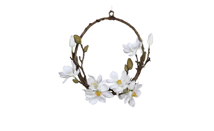 Magnolien-Ring 30 cm aus Kunststoff in braun mit weißen Büten und grünen Applikationen.