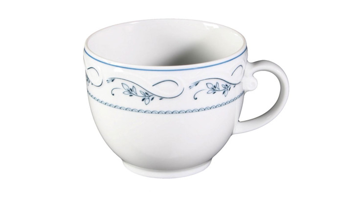 Kaffeetasse Desiree 210 ml aus Porzellan in weiß mit klassichen Akzenten in blau.