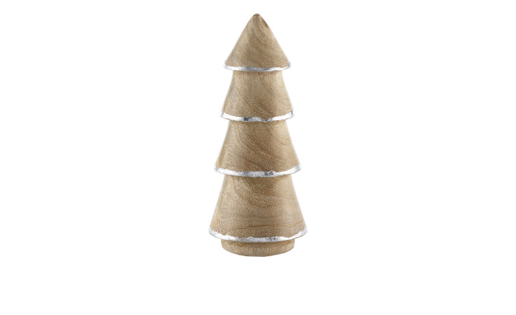 Tannenbaum 16 cm aus Holz in holzfarben mit einer silbernen Absetzung.