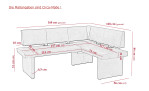 Eckbank Base mit Bezug aus grünem Webstoff, bemaßte Skizze